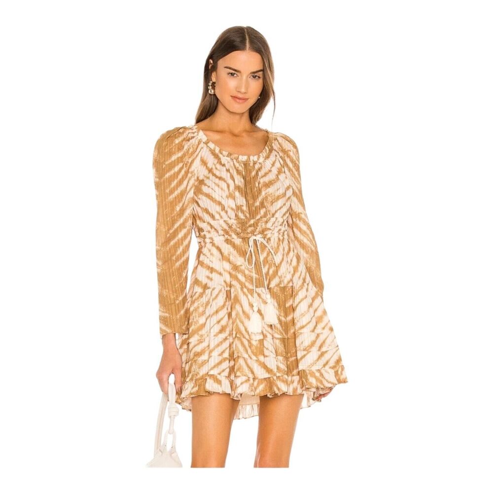 ULLA JOHNSON Naiara Tan Brown Sand Ruffled Trim Mini Dress Tie Dye 6 Long Sleeve